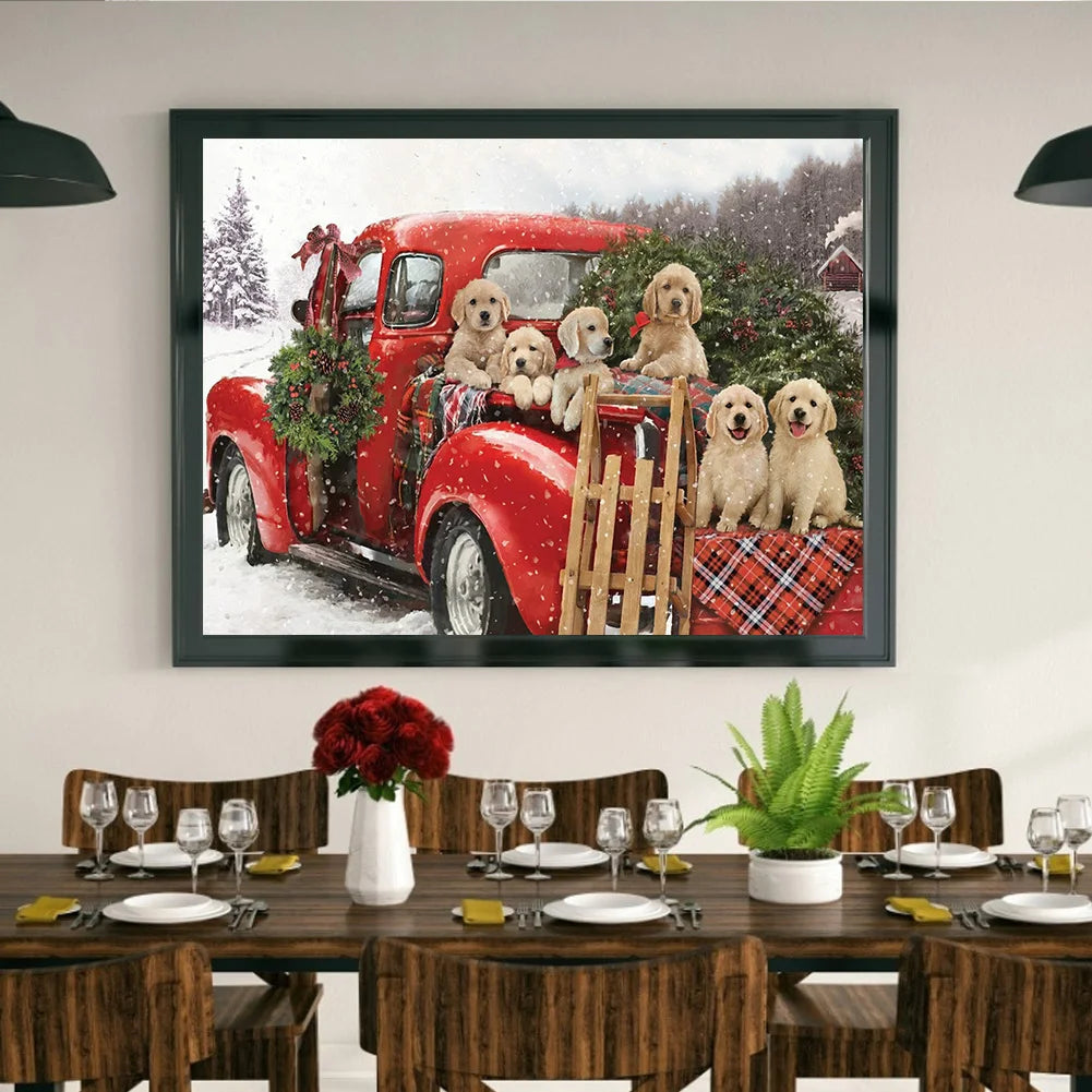 Red Car And Dogs Golden Retriever | Diamond Painting