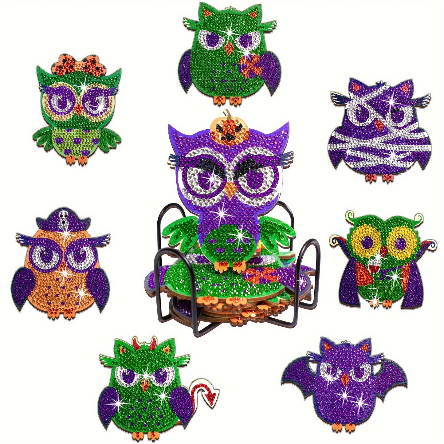 Diy 8pcs/set Owl Halloween  Diamond Painting Coasters with Holder