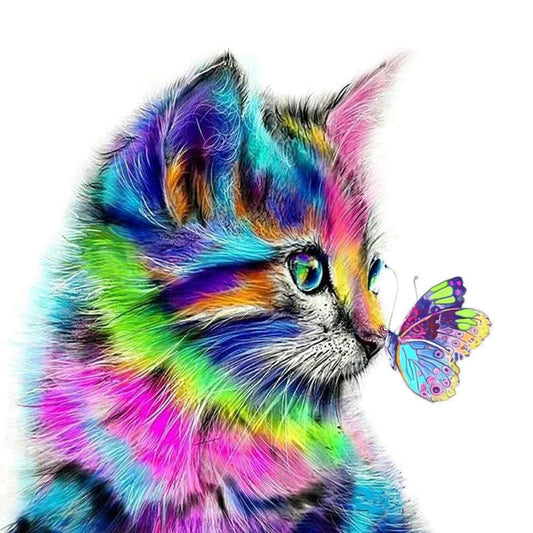 Colorful Cat with Butterfly | Cross Stitch Embroidery