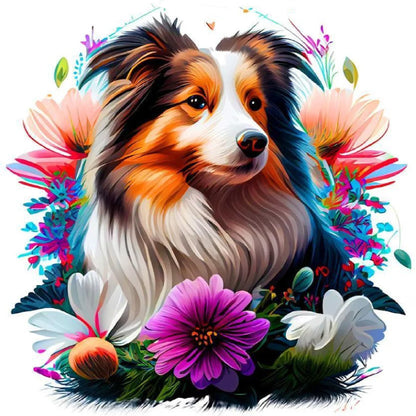 Flowers And Dog Australian Shepherd | Diamond Painting