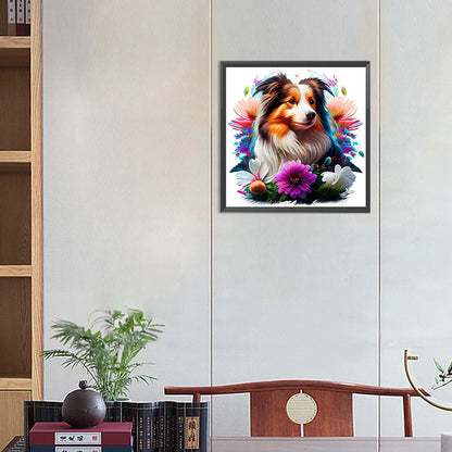 Flowers And Dog Australian Shepherd | Diamond Painting
