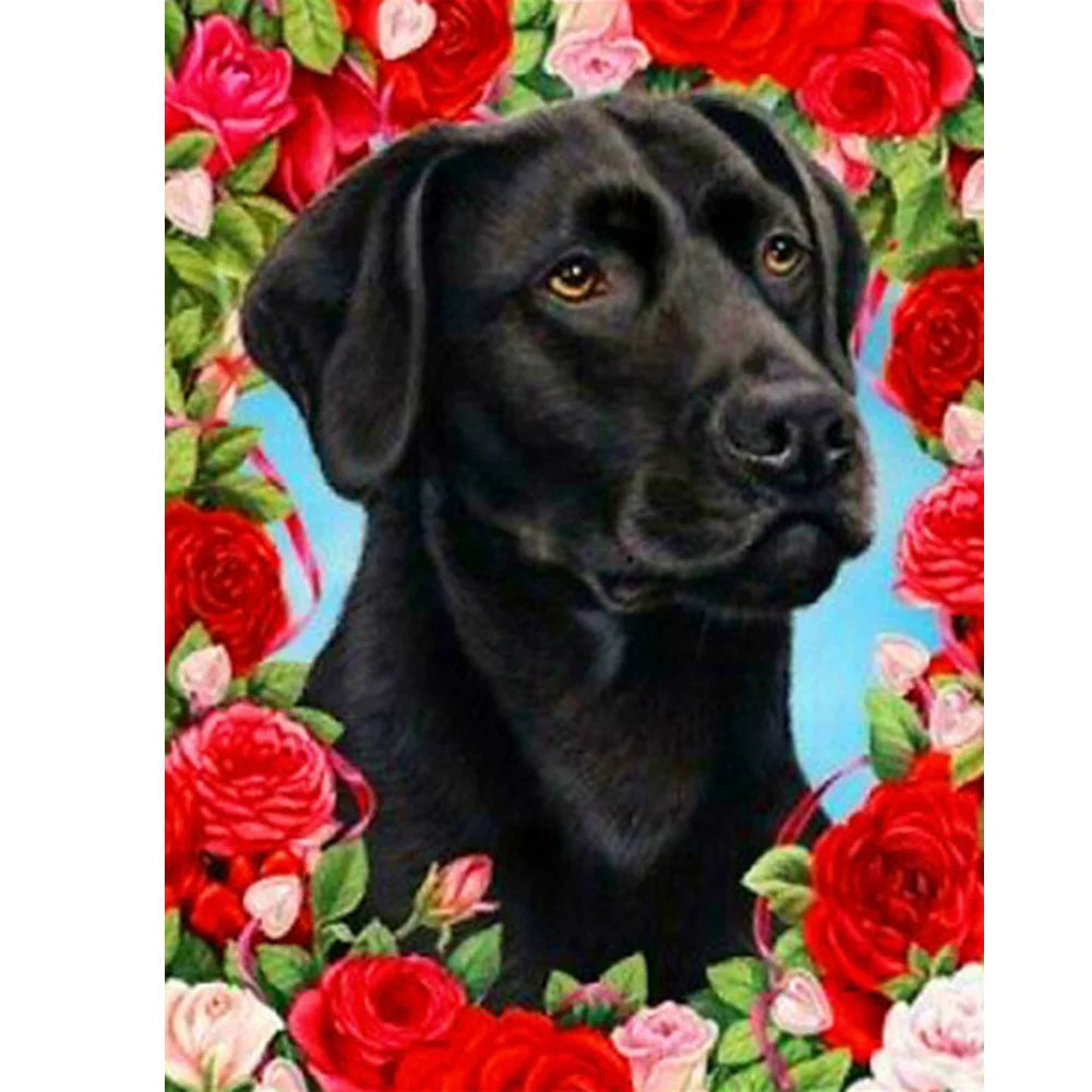 Flower Black Dog Labrador | Diamond Painting