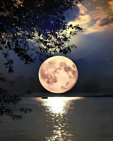 Beautiful Full Moon Over The Lake | Cross Stitch Embroidery