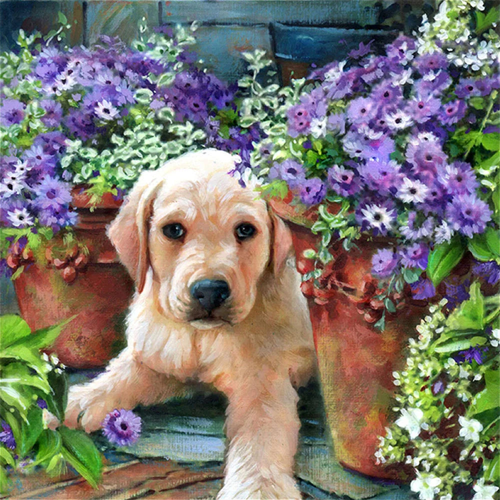 Purple Flower Dog Yellow Labrador | Diamond Painting