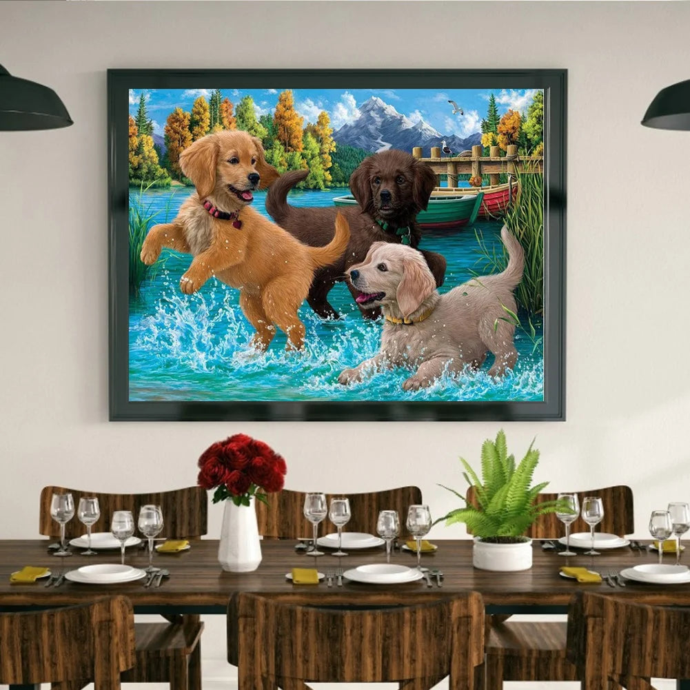 Black Chocolate Yellow Labrador Dog Is Playing | Diamond Painting