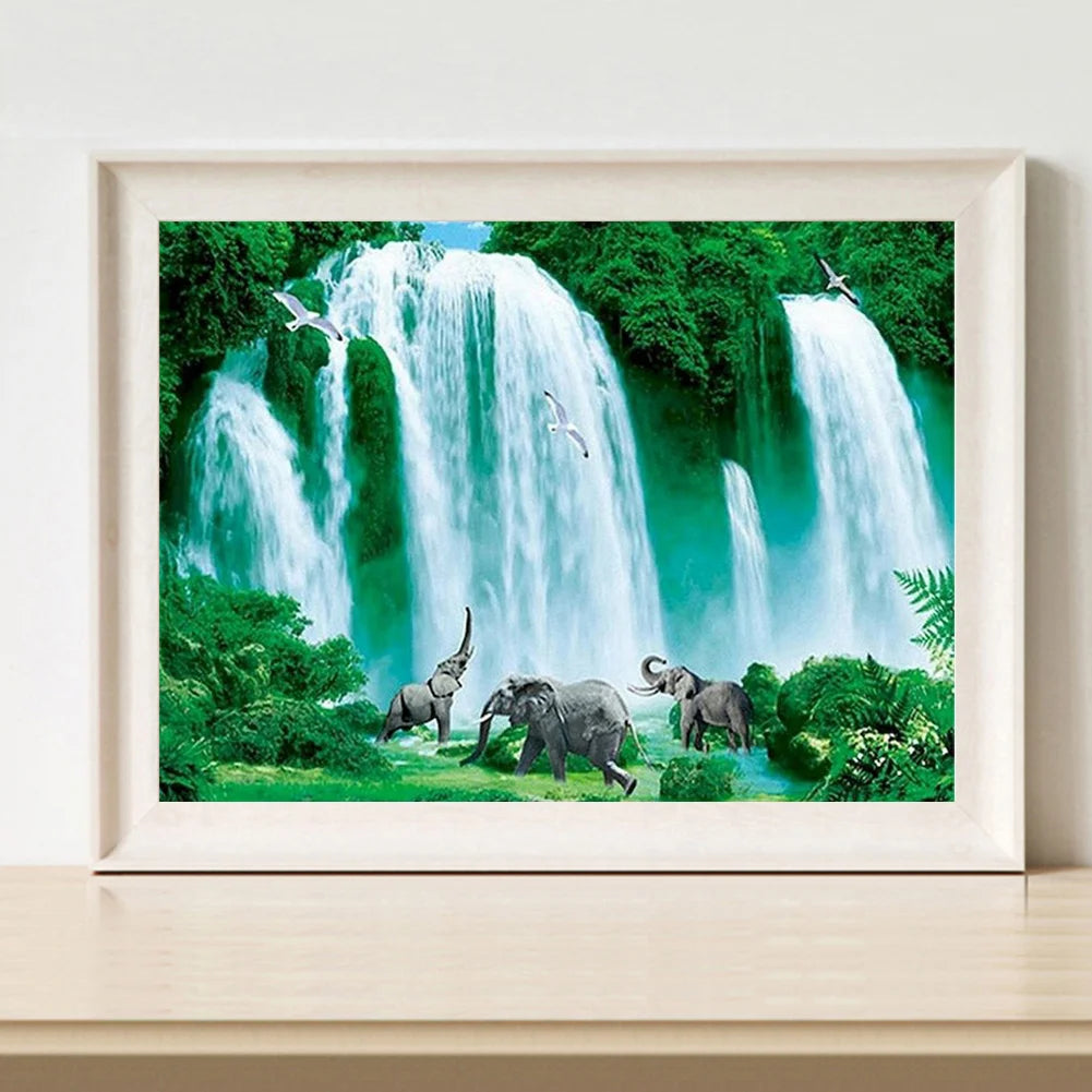 Elephant Under The Waterfall | Diamond Painting