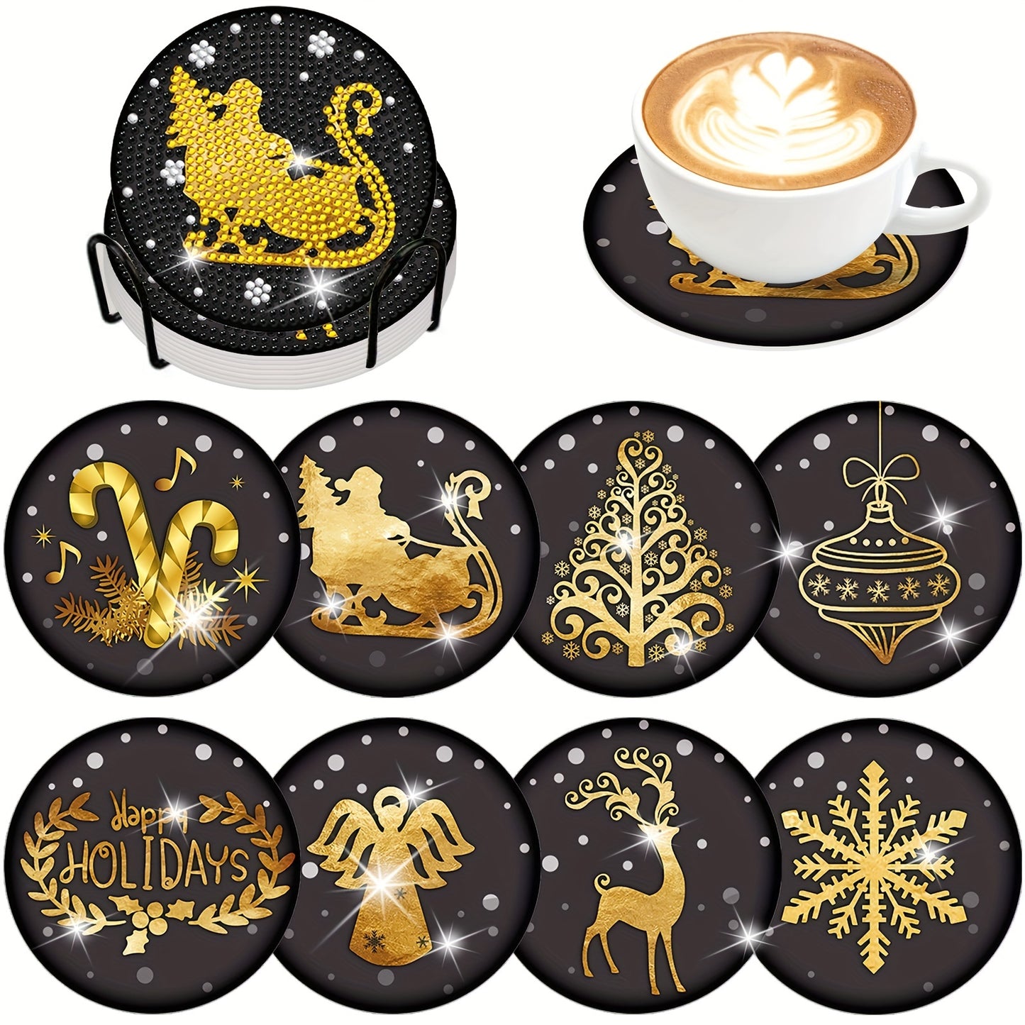 Diy 8pcs/set Christmas  Diamond Painting Coasters with Holder