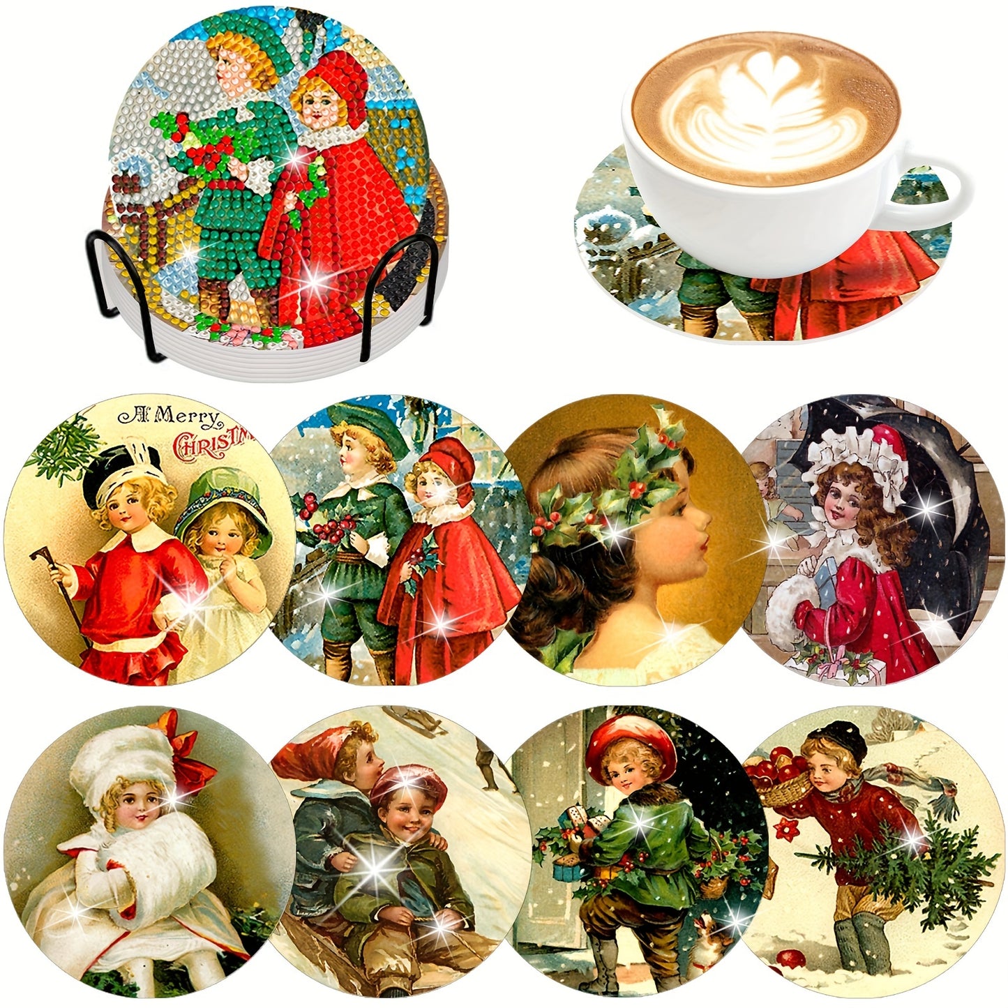 Diy 8pcs/set Christmas  Diamond Painting Coasters with Holder