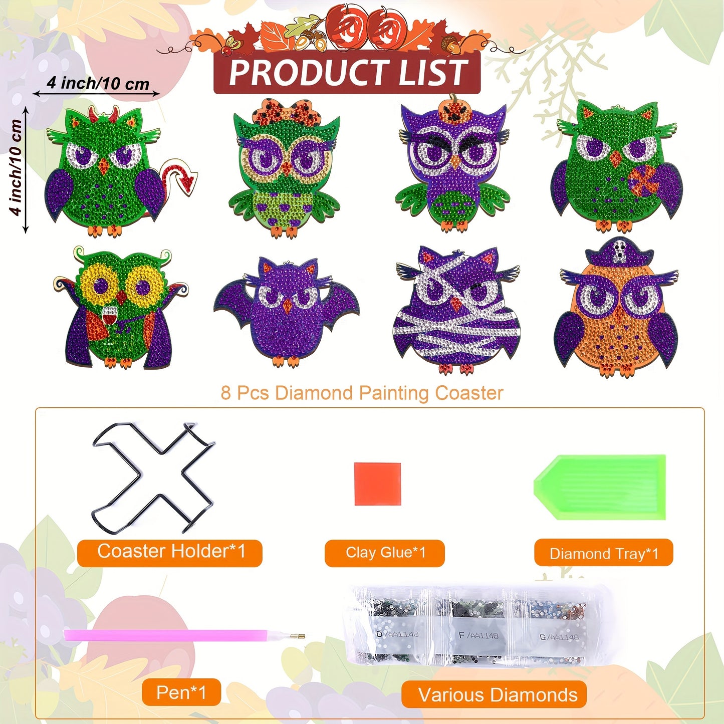 Diy 8pcs/set Owl Halloween  Diamond Painting Coasters with Holder