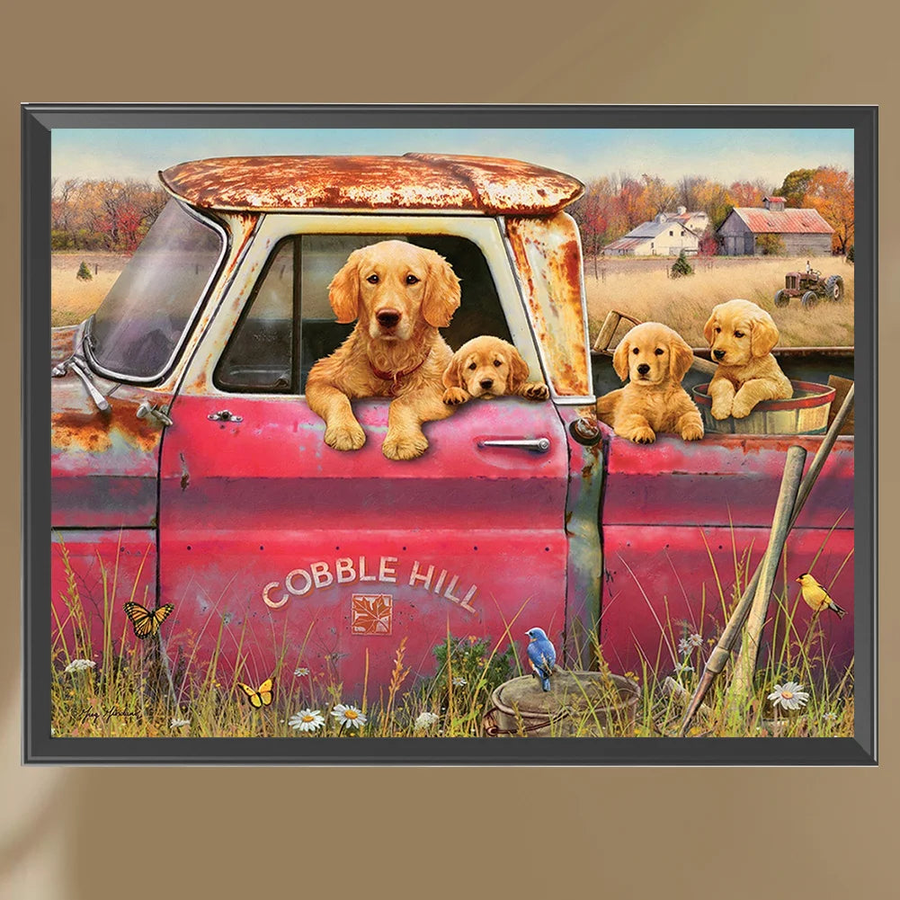 Yellow Labrador Dogs In The Car | Diamond Painting