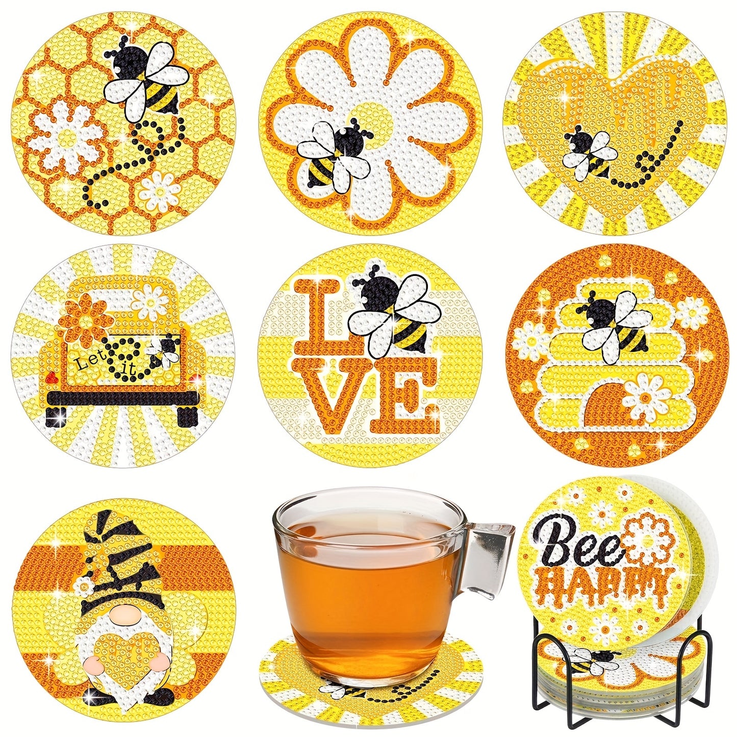 Diy 8pcs/set Bee  Diamond Painting Coasters with Holder