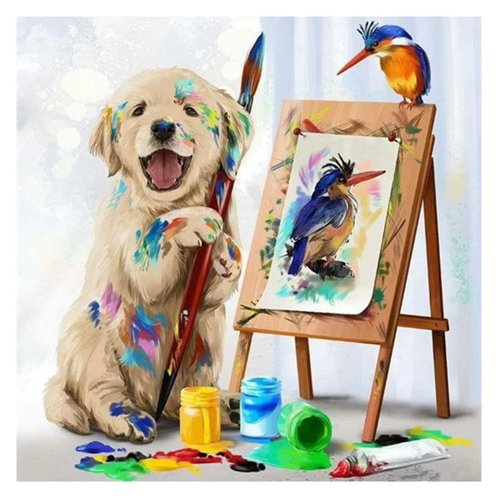 Yellow Labrador Dog Is Painting | Cross Stitch Embroidery