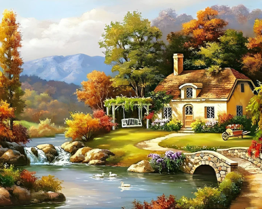 Autumn Cottage On The River | Cross Stitch Embroidery