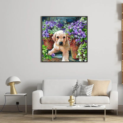 Purple Flower Dog Yellow Labrador | Diamond Painting