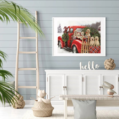 Red Car And Dogs Golden Retriever | Diamond Painting
