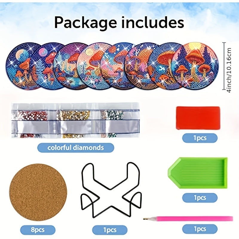 Diy 8pcs/set Mushroom  Diamond Painting Coasters with Holder