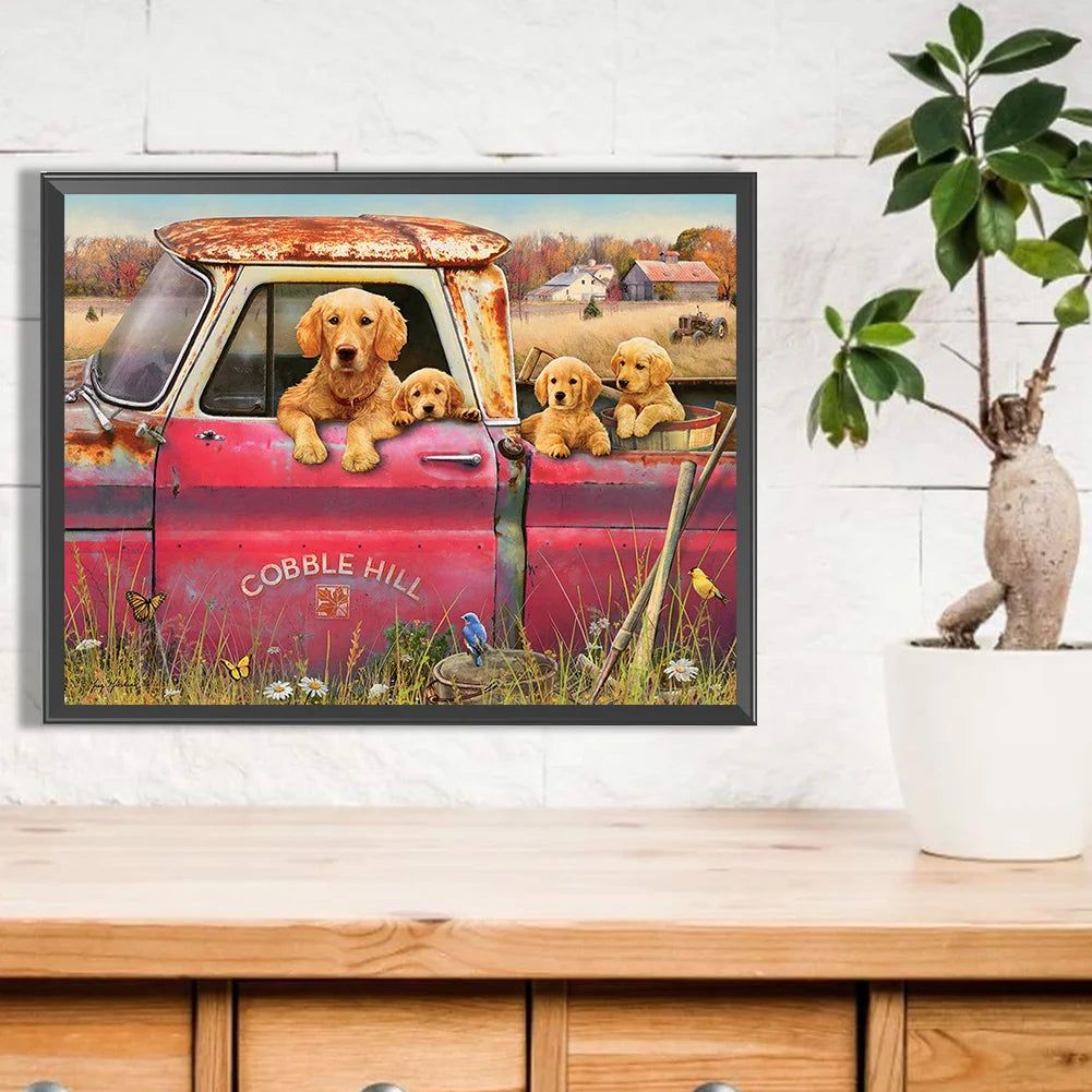 Yellow Labrador Dogs In The Car | Diamond Painting