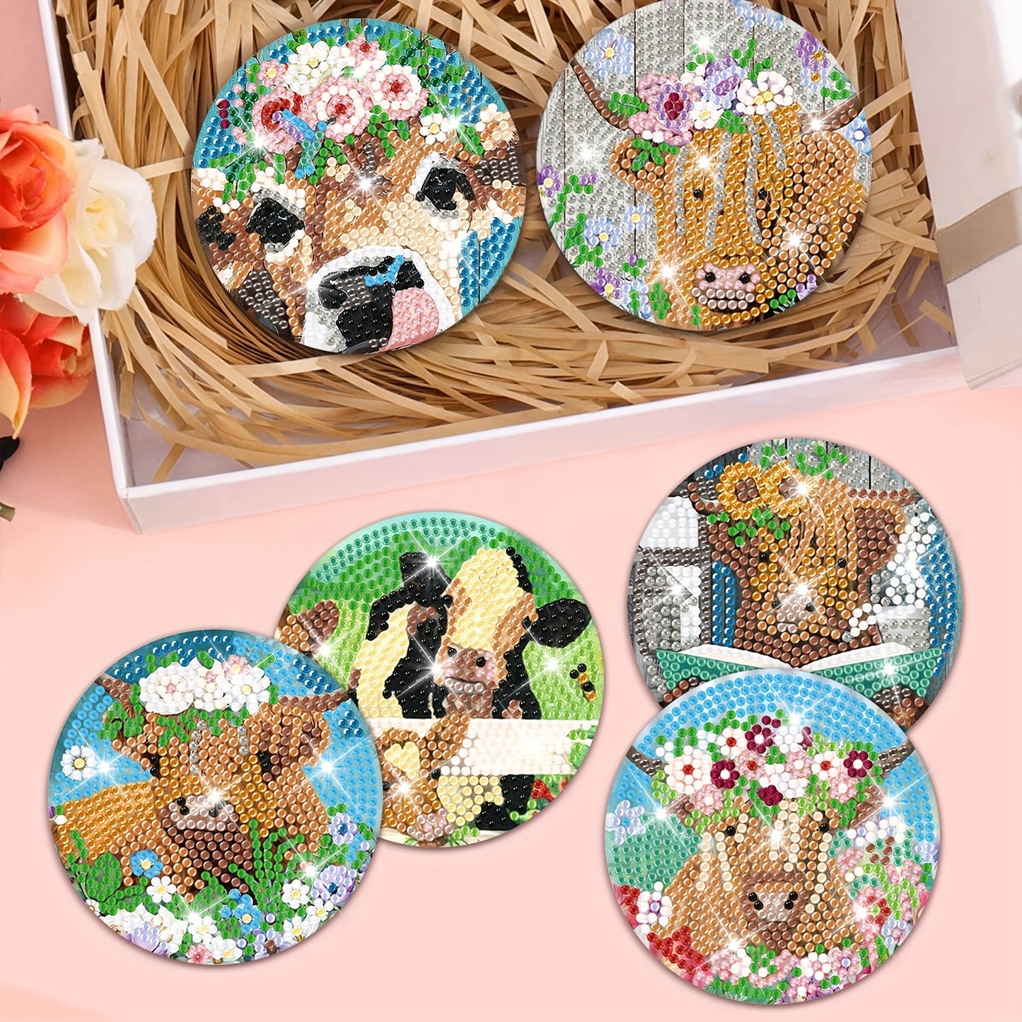 Diy 8pcs/set Cow  Diamond Painting Coasters with Holder