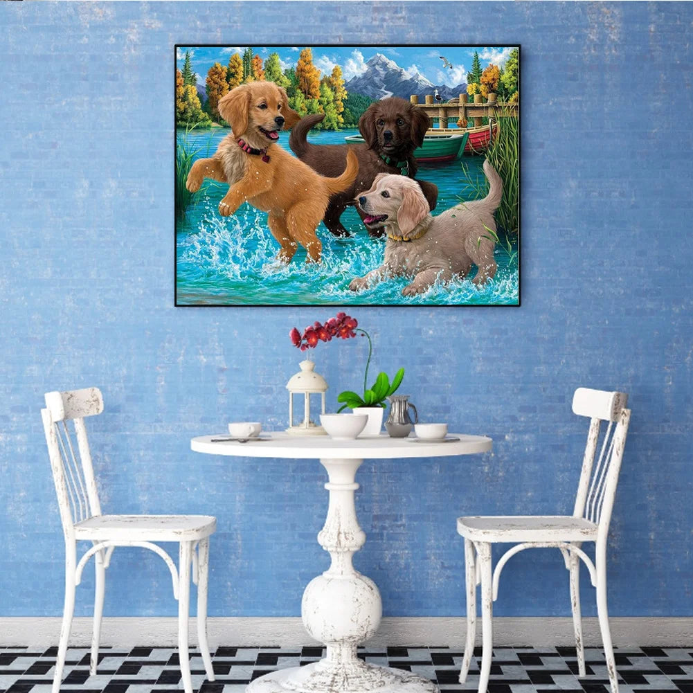 Black Chocolate Yellow Labrador Dog Is Playing | Diamond Painting