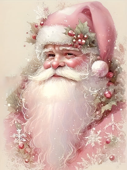 A diamond painting of Santa Claus with a pink hat and a floral wreath, surrounded by snowflakes and decorations.