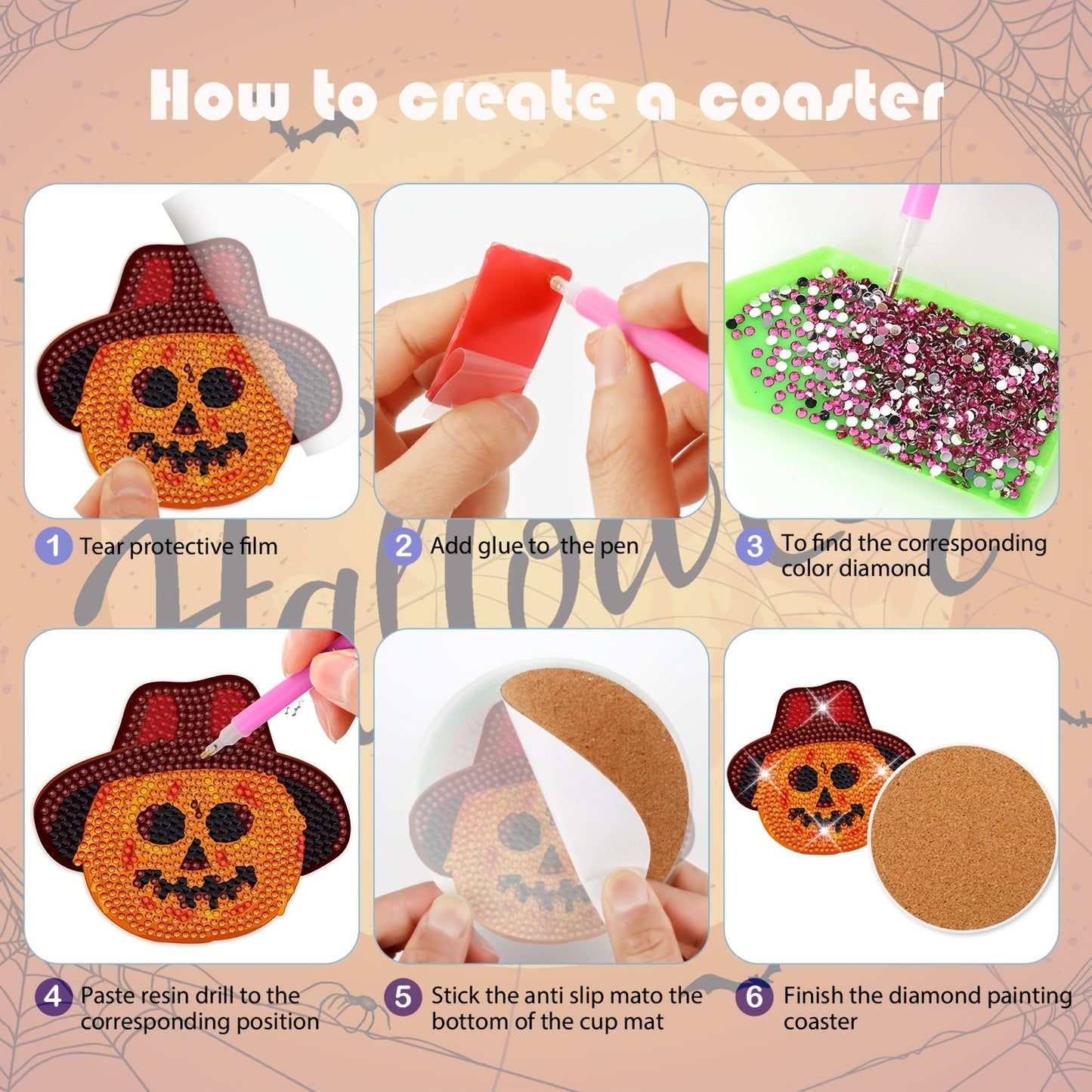 Diy 8pcs/set Pumpkin Halloween  Diamond Painting Coasters with Holder