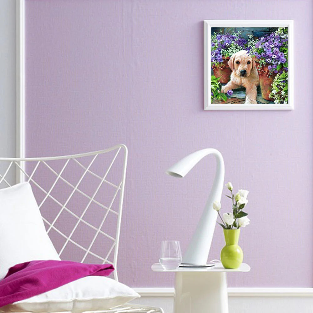 Purple Flower Dog Yellow Labrador | Diamond Painting