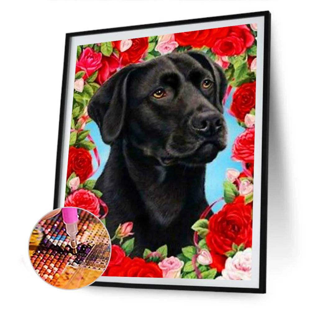 Flower Black Dog Labrador | Diamond Painting