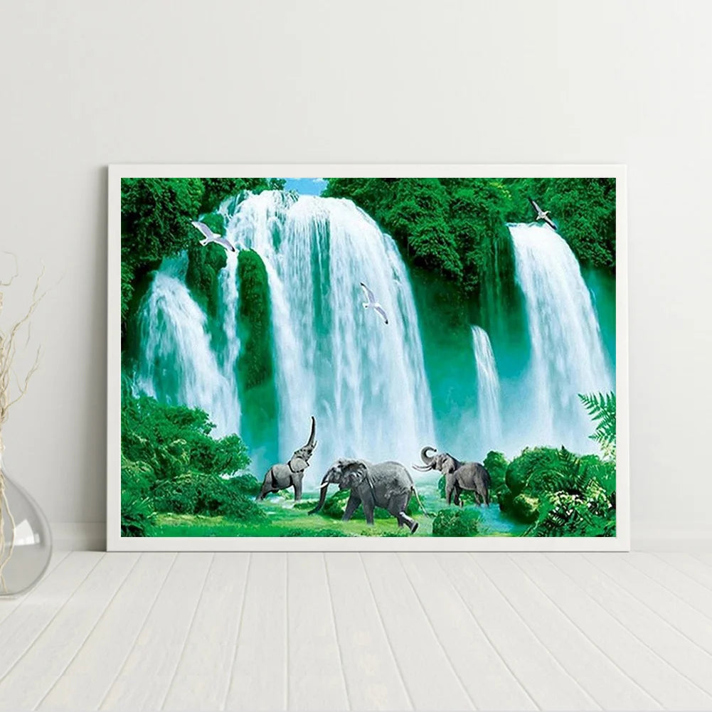 Elephant Under The Waterfall | Diamond Painting