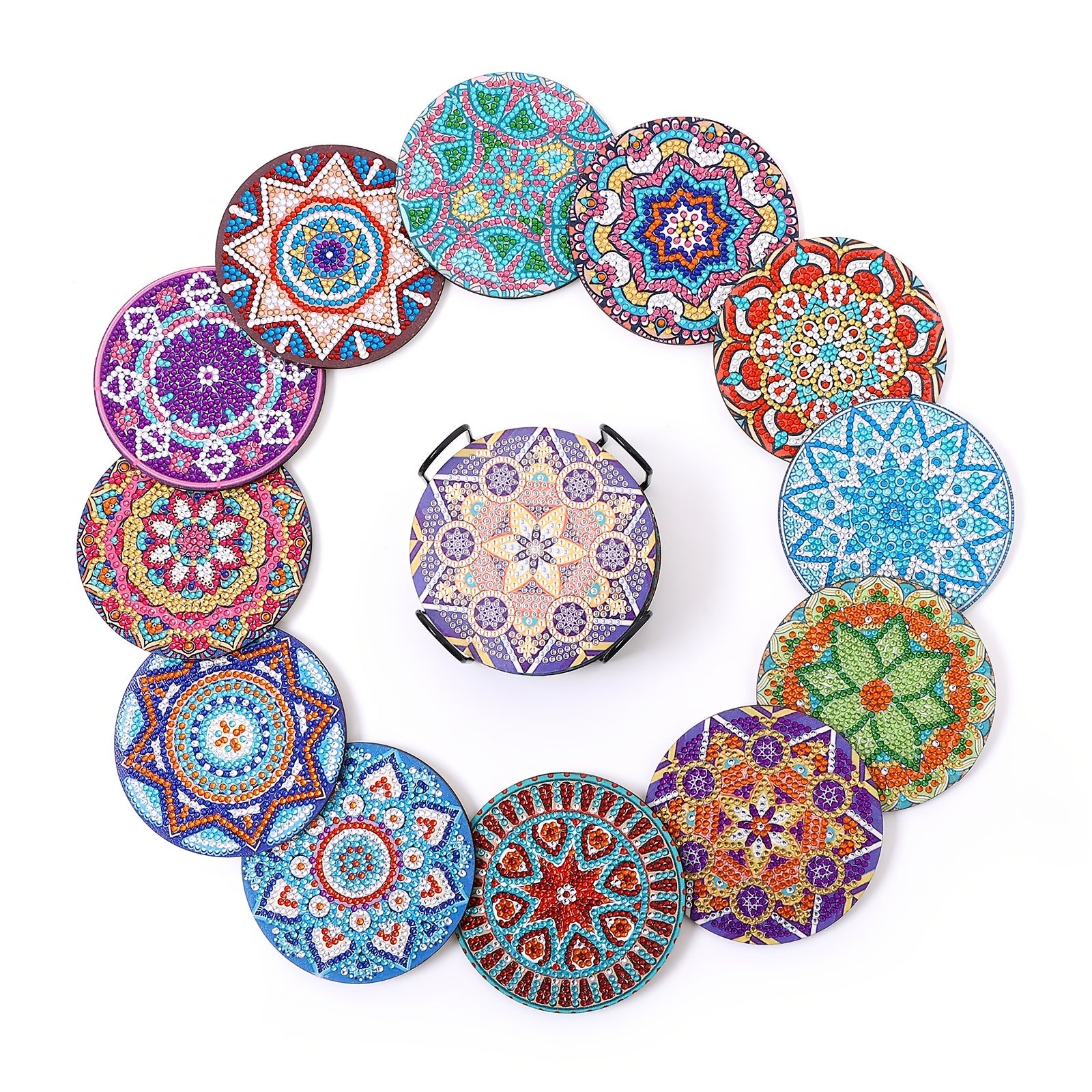 12pcs 10x10cm 394x394 Inches Round Shape Manda Flower Pattern Faux Diamond Painted Coaster Cover DIY Crystal Super Flash Diamond Painted Wooden Coaster With Holder Suitable For Adult Office Coffee Mat Home Coasters Craft Supplies Gifts