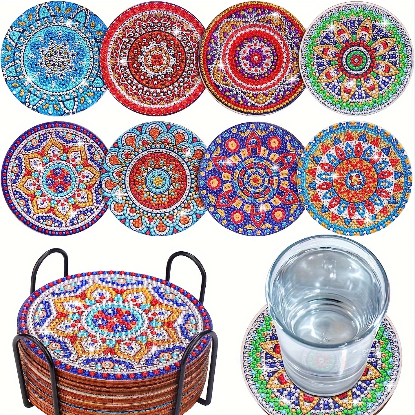 8pcs 10x10cm 394x394 Inches Round Shape Mandla Pattern Artificial Diamond Painting Coaster Set DIY Crystal Super Flash Diamond Painting Wooden Coaster With Bracket Suitable For Adult Office Coffee Mat Home Coaster Craft Supplies Gifts