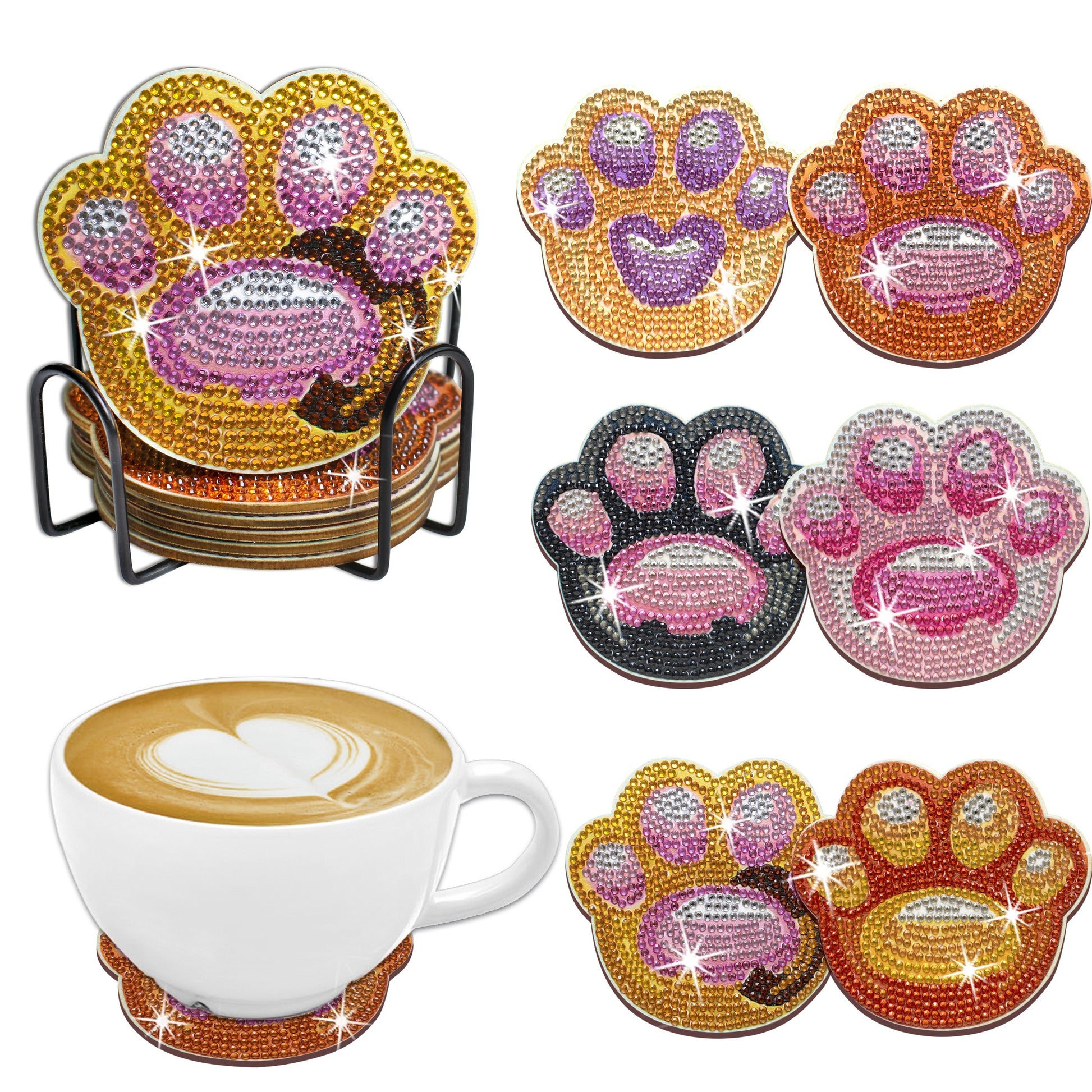 6pcs DIY Diamond Painted Coaster Set Shaped Diamond Art Mosaic Coaster Nonslip Placemat Craft Set Handmade Gift Size 10cm10cm4inch4inch Cute Dog Paw Pattern