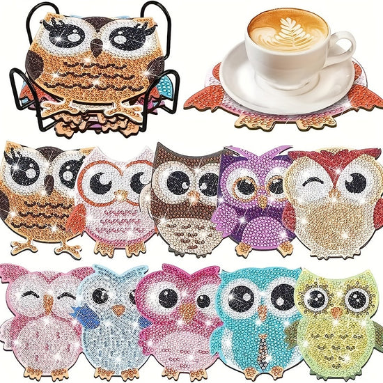 10pcs 10x10cm394x394in Owl Shaped Diamond Painting Coasters Set DIY Owl Diamond Painting Coasters With Holder Art Craft Supplies For Beginners Gifts