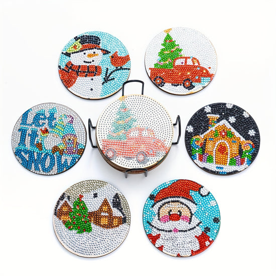 6pcs Christmas Diamond Art Coasters DIY Christmas Diamond Painting Coasters With Holder Cartoon Santa Claus Snowman Mats For Wall Decor Beginner Holiday Gift Giving Supplies