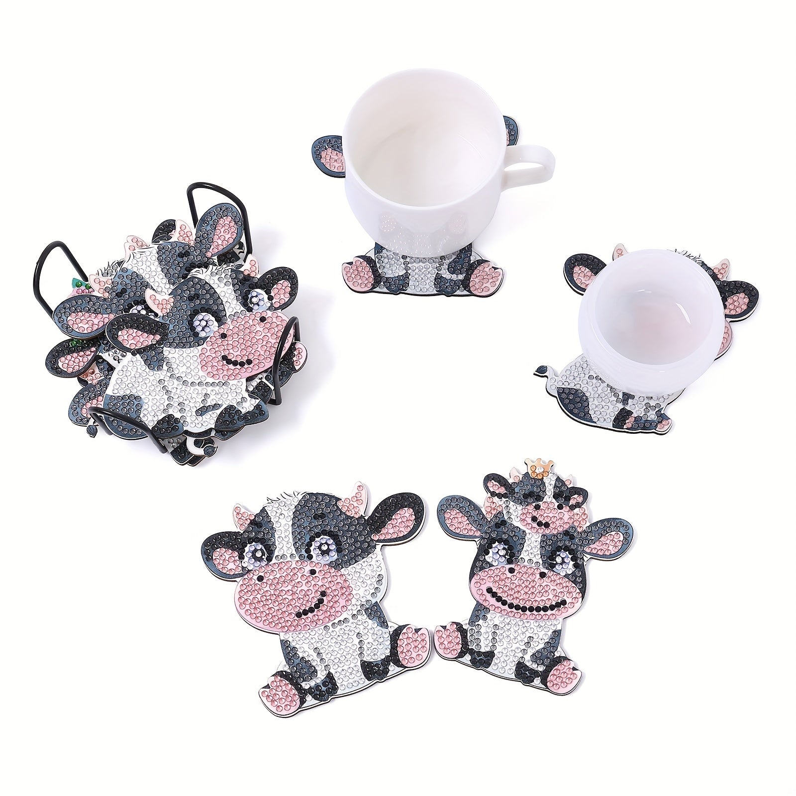 10pcs Diamond Painting Coasters Animal Shape DIY Coasters With Holder Diamond Painting Shiny Diamond Cow Mats For Beginners Adults Handmade Supplies Birthday Gift