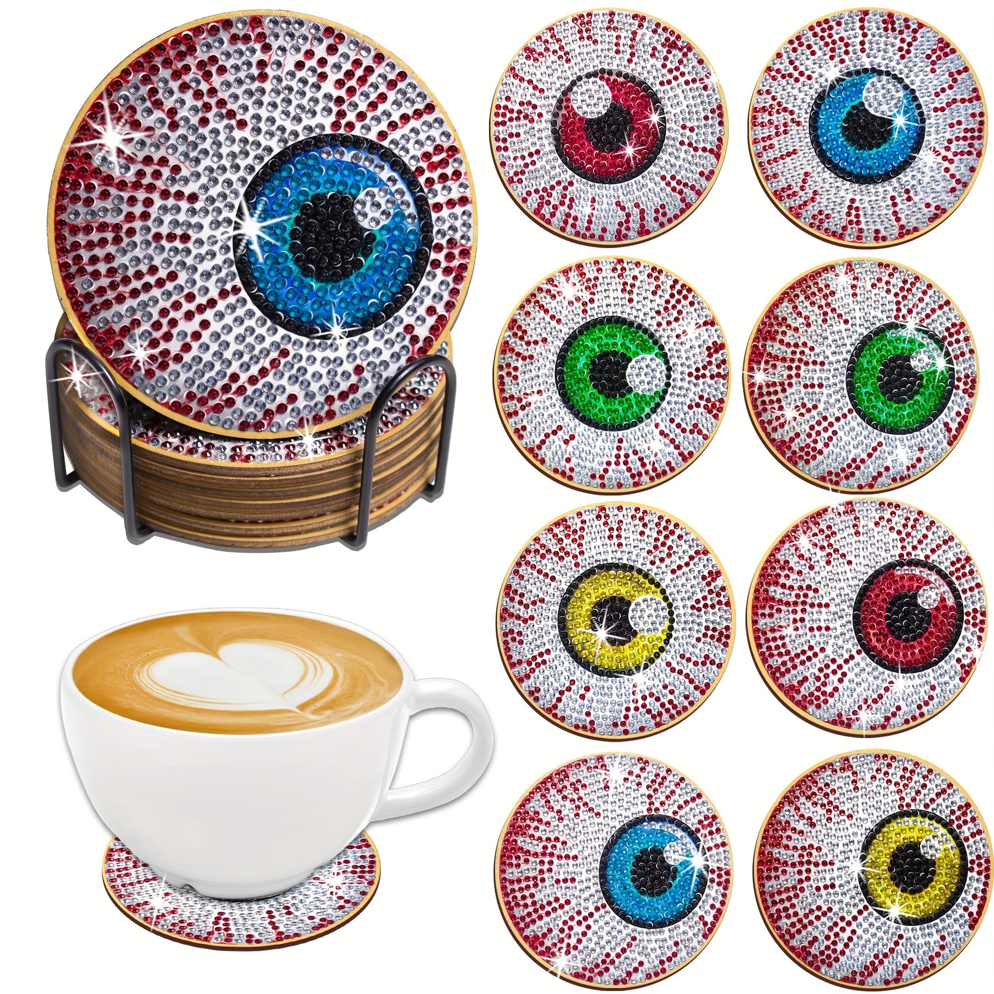 8pcsset DIY Diamond Painting Kit Coaster Eyes Shape Size 44102102cm Scratch Resistance Anti Slip Wood Coasters For Table Drinks Home Room Decor Crystal Rhinestones Diamond Painting Coasters