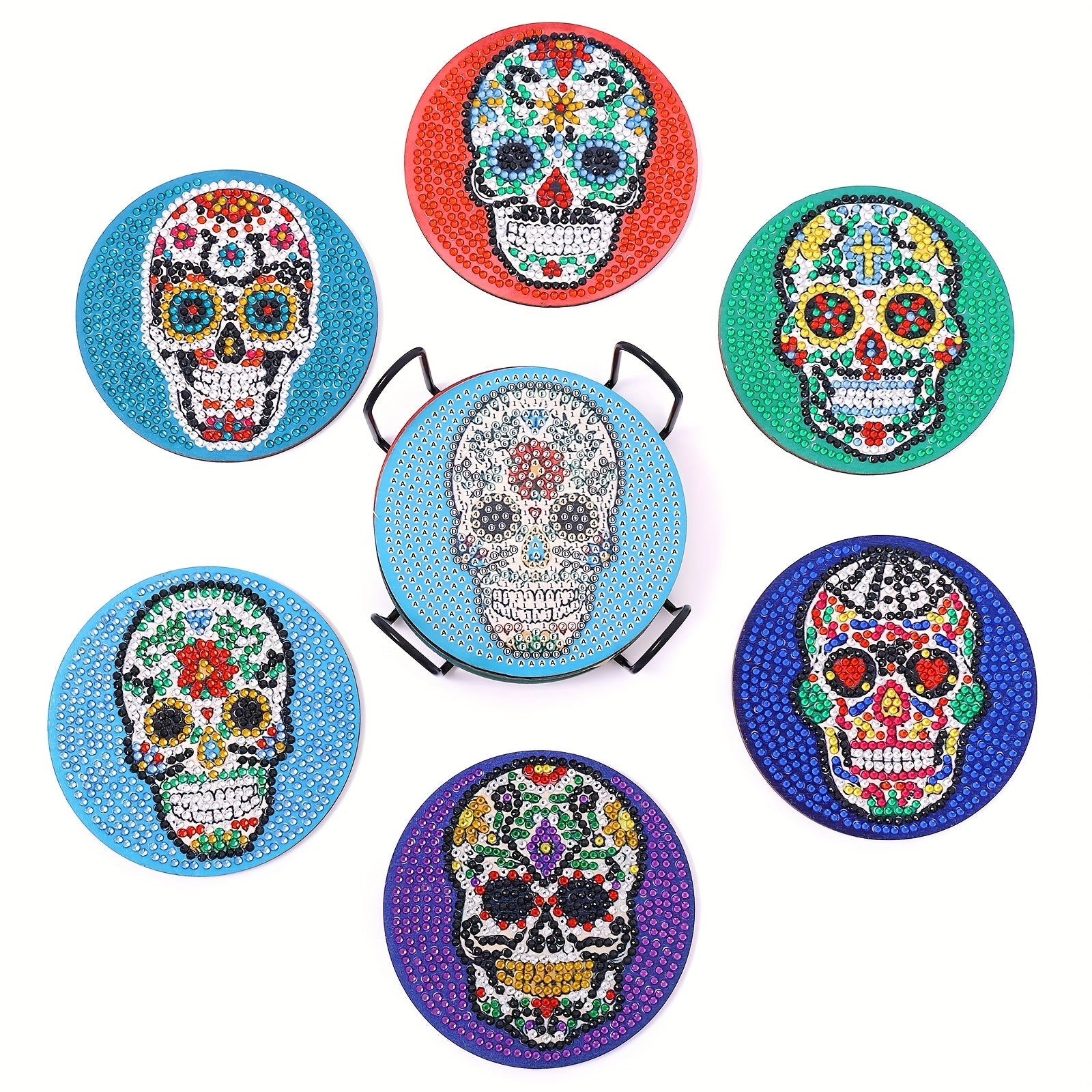 6pcs Skull DIY Artificial Diamond Painting Coaster Set With Stand Skull Flower Diamond 5D Diamond Art Coaster Set Full Rhinestone Painting Kit For Beginners