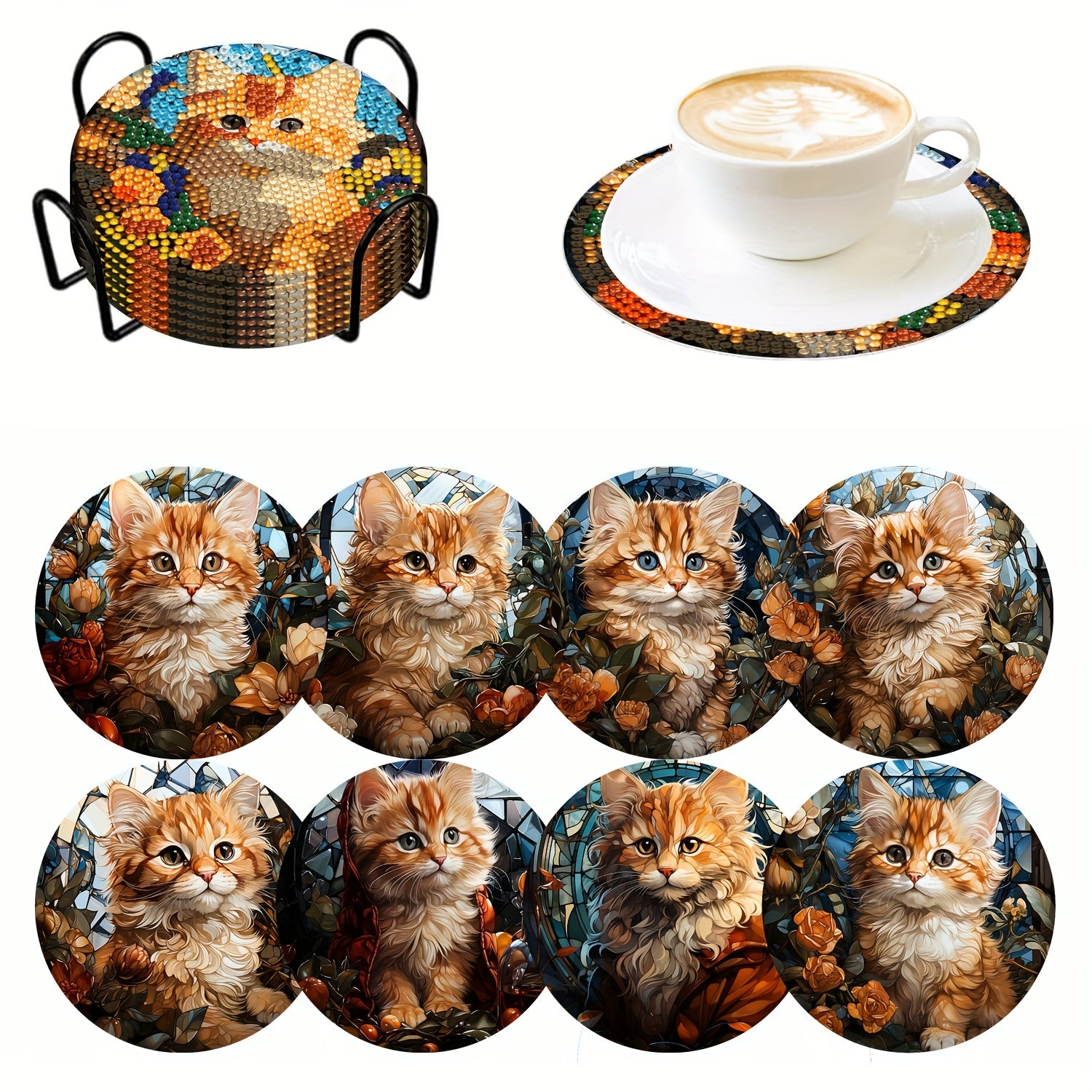 8piece Set Diamond Painting Coaster DIY Handmade Diamond Sticker Embroidery Hot New Product Coaster With Iron Cup Holder Cork Coaster cat