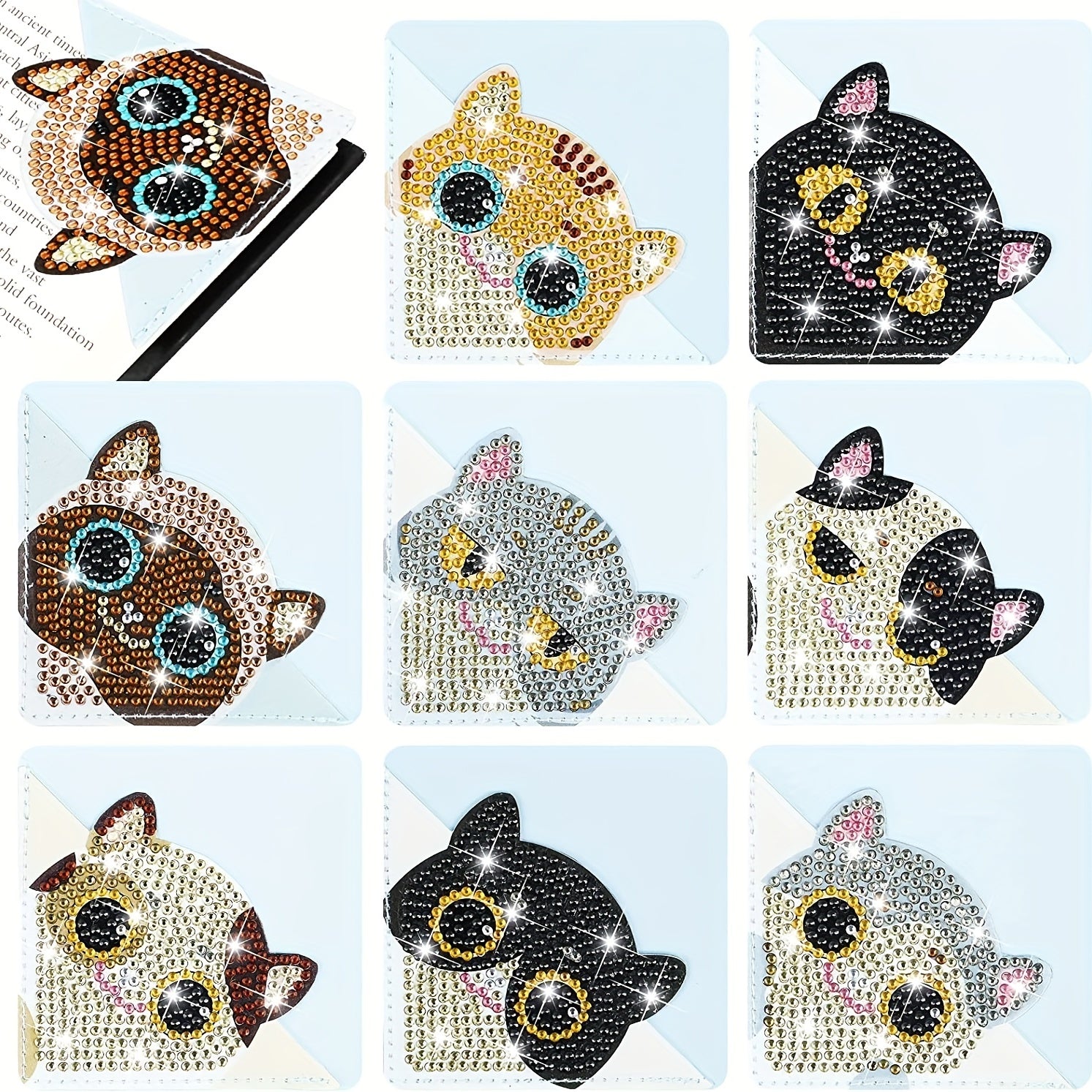 8pcsset DIY Diamond Painting Kit Corner Bookmarks Cat Shaped Pattern Size 10cm4 Durable PU Leather With Crystal Rhinestone For Books Notes Special Shaped Cat Diamond Painting Bookmark Kits For Beginners