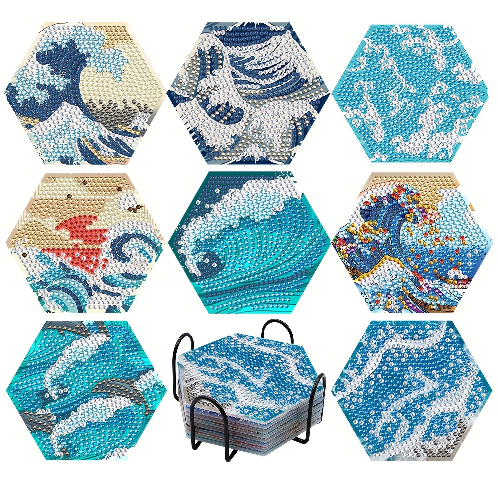 8pcs Sea Wave Artificial Diamond Painting Coasters For Drinks DIY Life Coaster Diamond Art Kits For Adults Beginners Diamond Art Craft Supplies