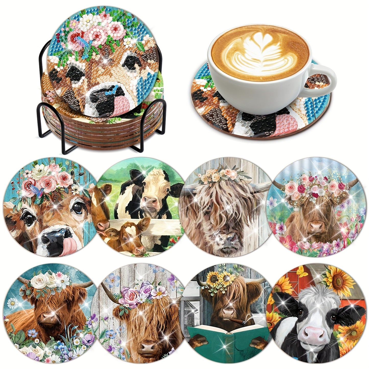 Diy 8pcs/set Cow  Diamond Painting Coasters with Holder