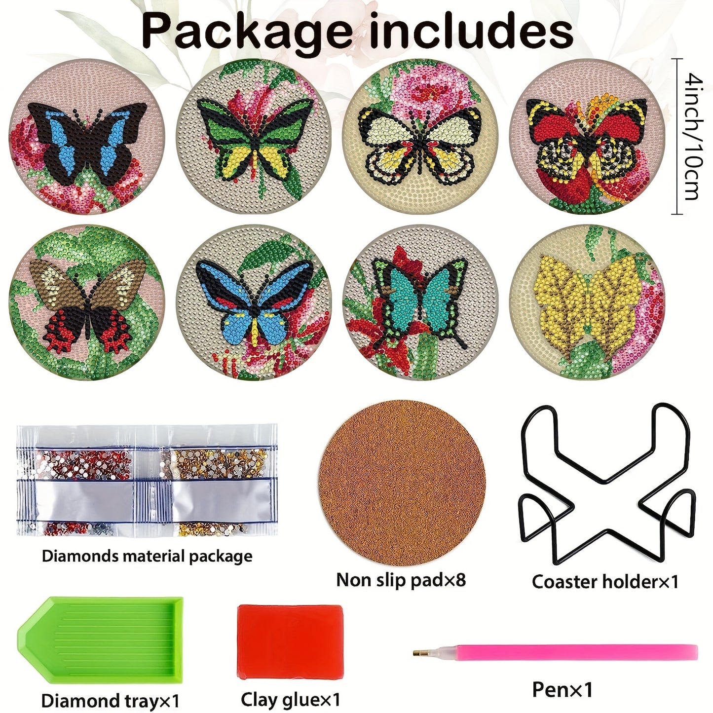 Diy 8pcs/set Butterfly  Diamond Painting Coasters with Holder