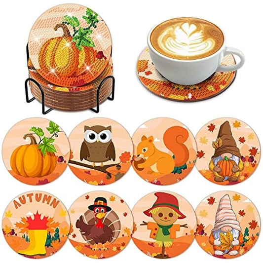 Diy 8pcs/set Pumpkin  Diamond Painting Coasters with Holder