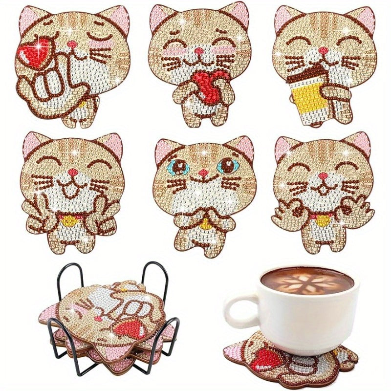 Diy 6pcs/set Cat  Diamond Painting Coasters with Holder