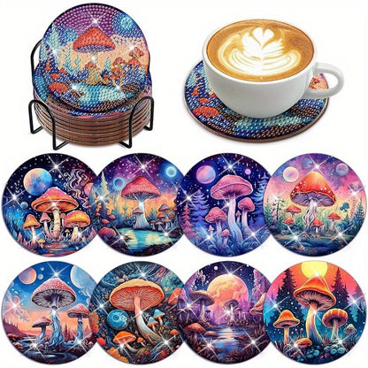 Diy 8pcs/set Mushroom  Diamond Painting Coasters with Holder