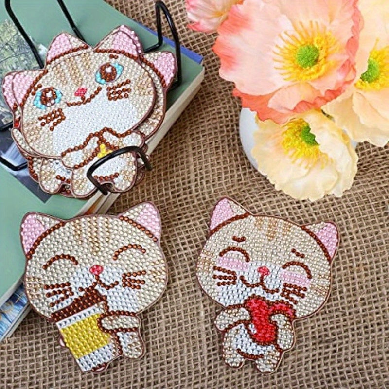 Diy 6pcs/set Cat  Diamond Painting Coasters with Holder