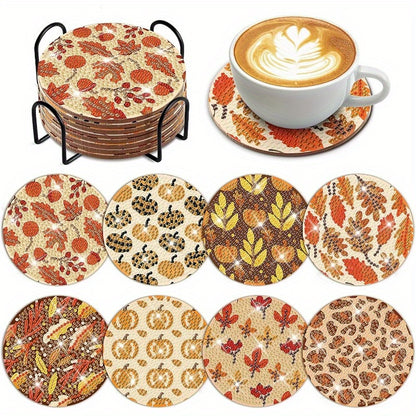 Diy 8pcs/set Pumpkin  Diamond Painting Coasters with Holder