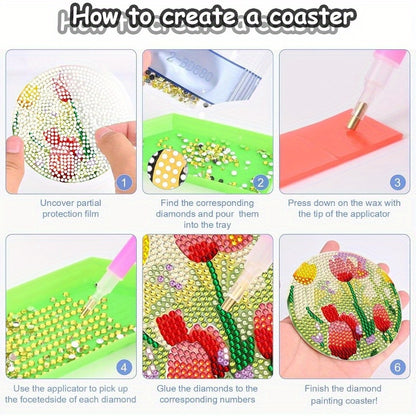 Diy 8pcs/set Rose  Diamond Painting Coasters with Holder