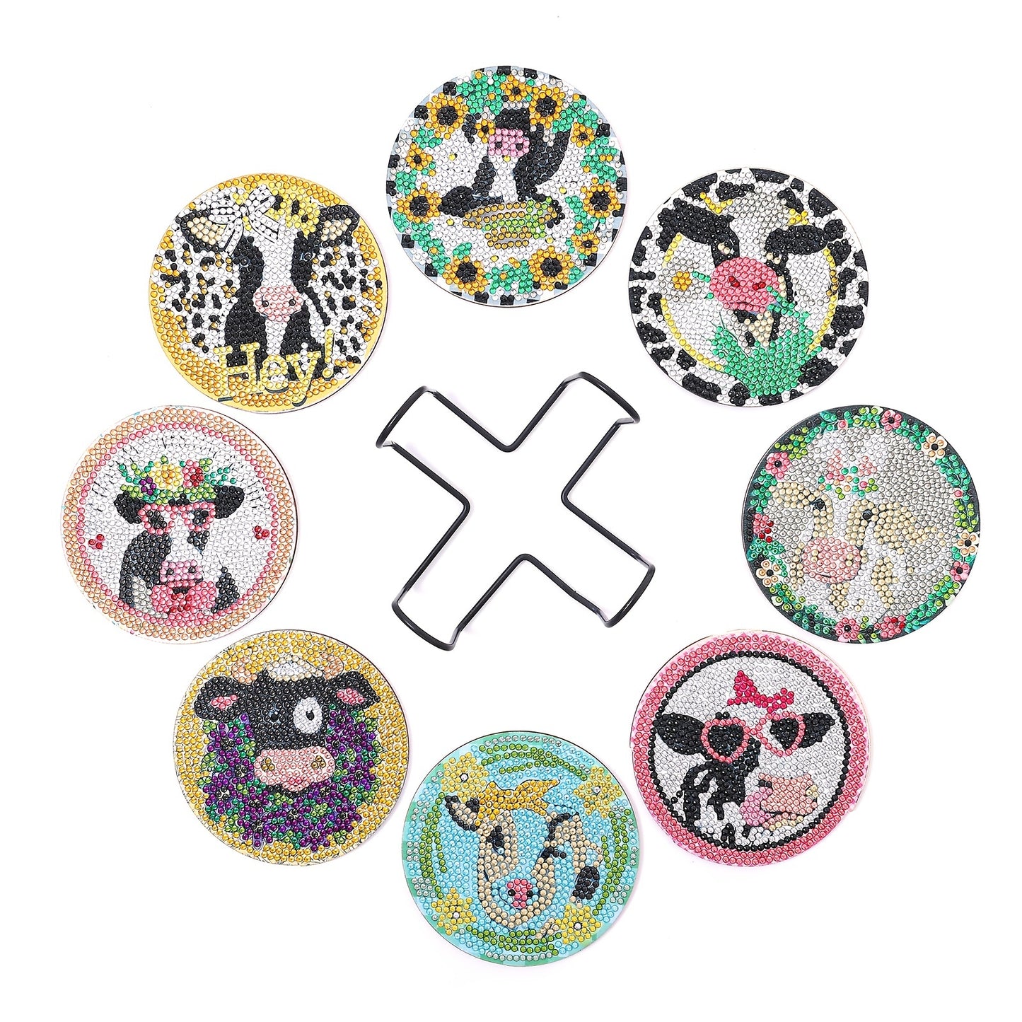 Diy 8pcs/set Cow  Diamond Painting Coasters with Holder