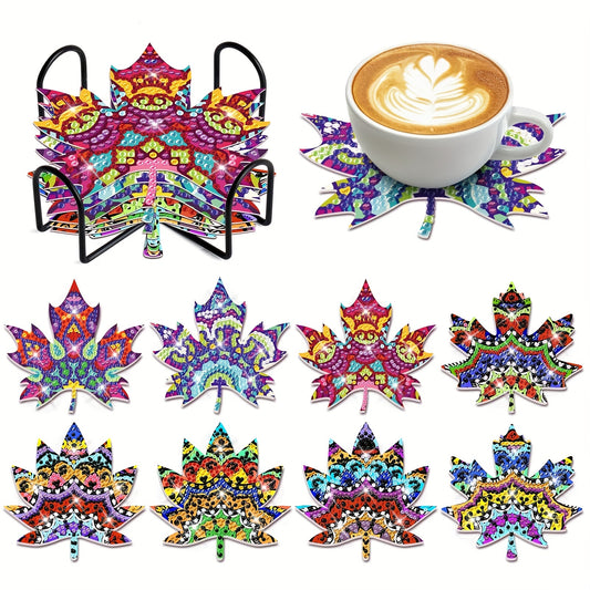 Diy 8pcs/set Leaf  Diamond Painting Coasters with Holder