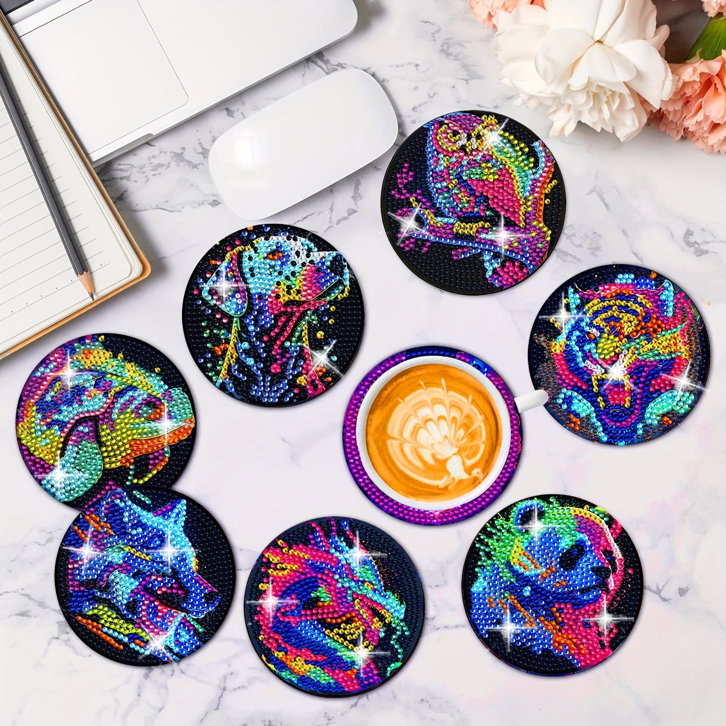 Diy 8pcs/set Animal Christmas  Diamond Painting Coasters with Holder